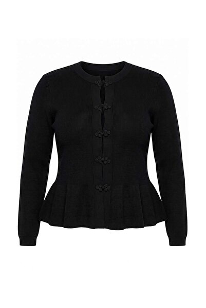 Trendyol Curve Black Mandarin Button Knitwear Large Size Sweater Tbbaw27Av00024