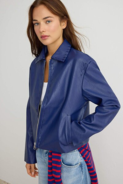 Trendyol Collection Navy Blue Regular Fit Faux Leather Jacket with Stitching ...