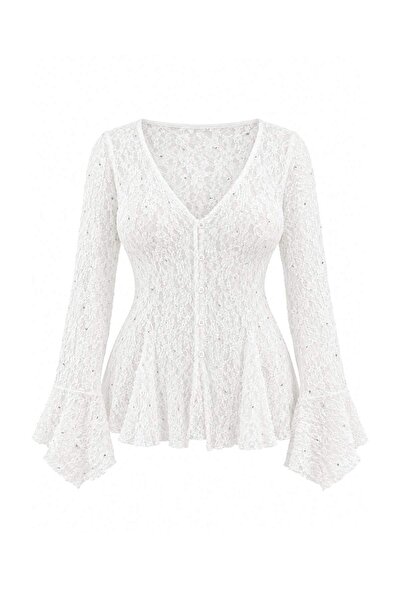 Trendyol Curve Ecru Lace Knitted Plus Size Blouse
