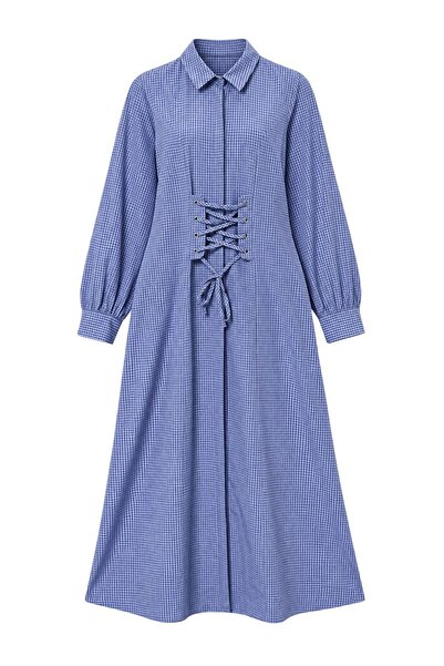 Trendyol Modest Blue Corset Lace Detailed Plaid Shirt Collar Shirt Dress Maxi...