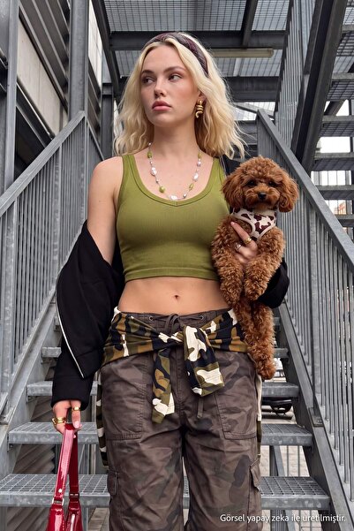Trendyol Collection Oil Green Ribbed V-Neck Super Crop Stretchy Knitted Tank ...