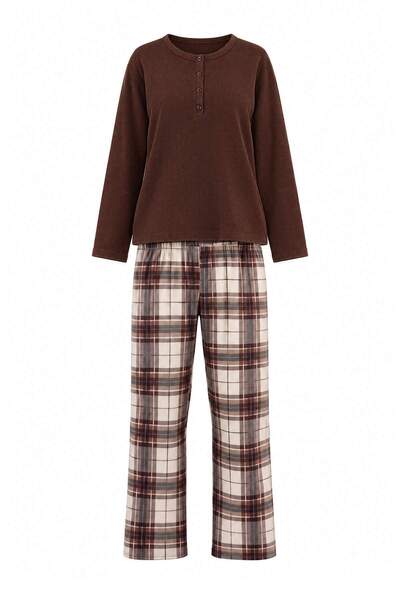 Trendyol Collection Brown Plaid Soft Tuşe Waffle Knitted Pajamas Set Thmaw27P...