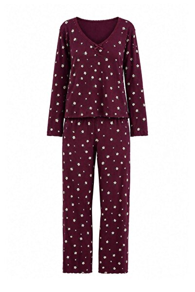 Trendyol Collection Plum Lace Double Breasted Waffle Knitted Pajama Set Thmaw...