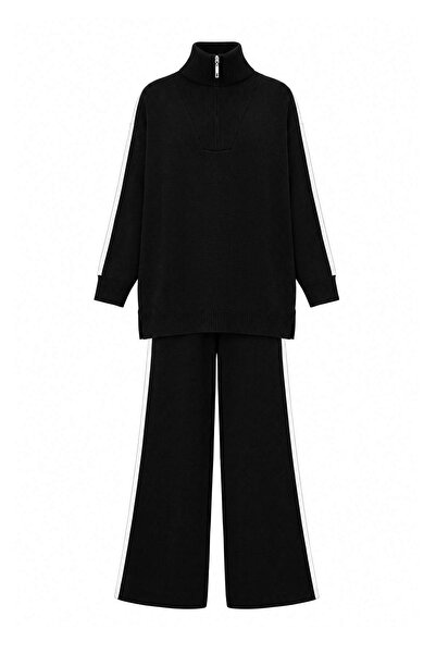 Trendyol Curve Black Stripe Detailed Turn-Down Collar Knitwear Top and Bottom...