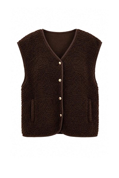 Trendyol Collection Brown Regular/Normal Fit Sleeveless V-Neck Plush Vest Two...