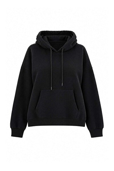 Trendyol Collection Black Thick Fleece Lined Hooded Drawstring Oversize Knitt...