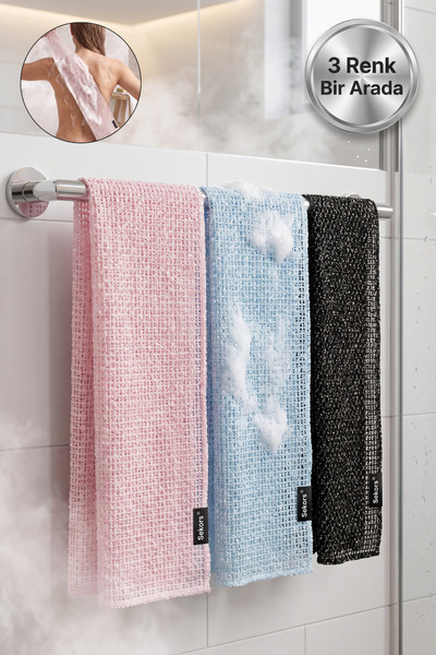 ® Üçlü Renk Avantaj Paketi - Çift Taraflı Peeling Etkili Banyo Lifi ve Sırt Kesesi (Pembe, Mavi, Siyah)