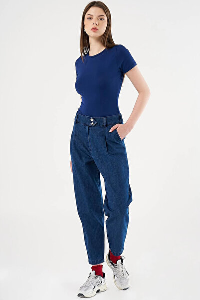 Kayra Pileli Havuç Kesim Denim Pantolon Lacivert