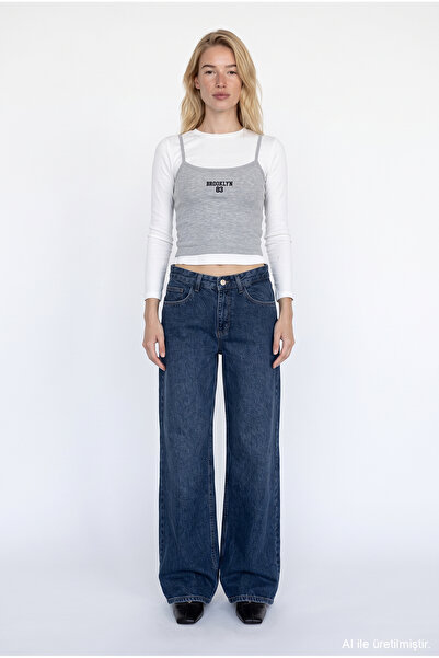 Quzu Yüksek Bel Wide Leg Kot Pantolon Lacivert