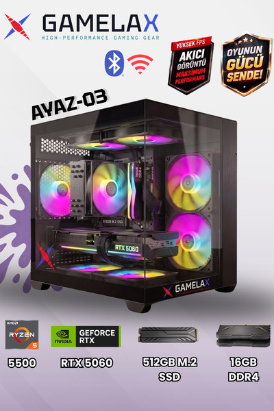 Gamelax AYAZ-03 AMD Ryzen5 5500 RTX5060 8GB 16GB DDR4 Ram 512GB M.2 SSD Wi-Fi...