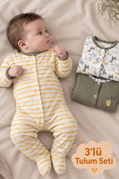 Rocha Baby Rocha Baby 3-Piece Cotton Romper Set - Safari, Striped, and Elephant Patterned Sleep and Play Romper with Booties