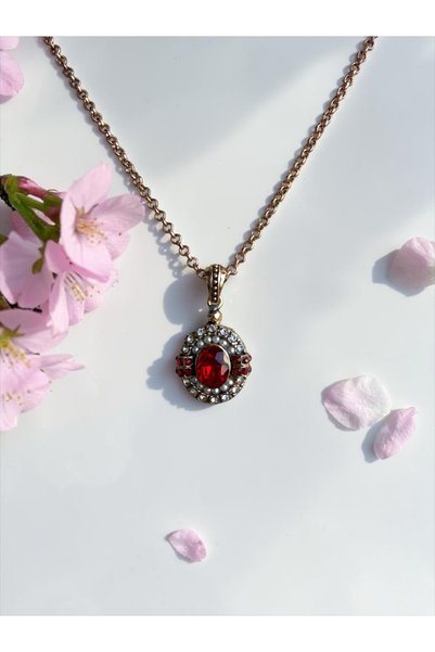 FAYRA ACCESSORIES Oval Pendant with Zircon Stones and Pearl Inlay