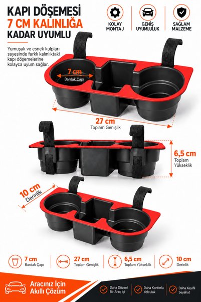 H&R PLASTİK Araç Içi Bardaklık Düzenleyici (KIRMIZI RENK) Organizer Araba Bardak Tutucu Kırmızı Renk (MAGAZADA 6 RENK SEÇENEGİ)