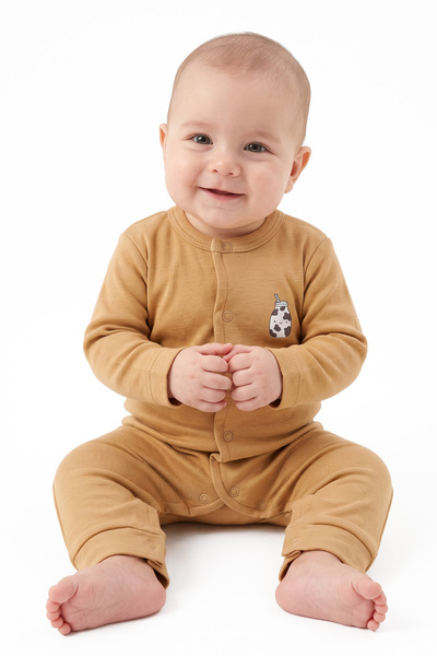 bebegen Baby Boy Mustard Milk Pattern Printed Snap-On Jumpsuit 0-3 Months