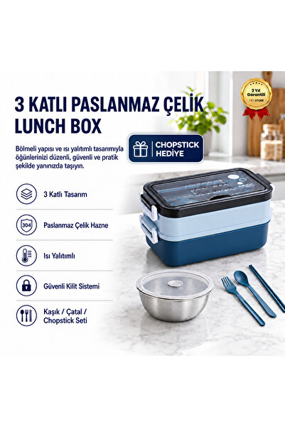 hızlı store Mavi Paslanmaz Çelik 3 Katlı Yemek Taşıma Kabı Isı Yalıtımlı Lunc...