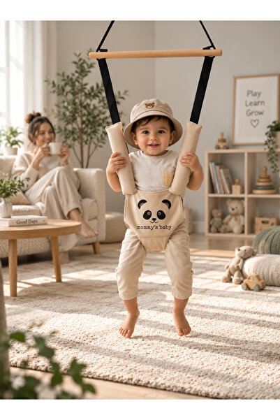YHH Kids BouncyNest Elyaf Dolgulu Bebek Hoppala – Yumuşak Minderli, Emniyet Kemerli Zıpzıp Bej