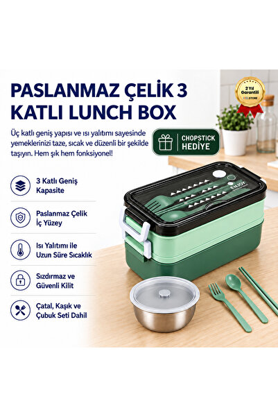 hızlı store Yeşil Paslanmaz Çelik 3 Katlı Yemek Taşıma Kabı Isı Yalıtımlı Lun...