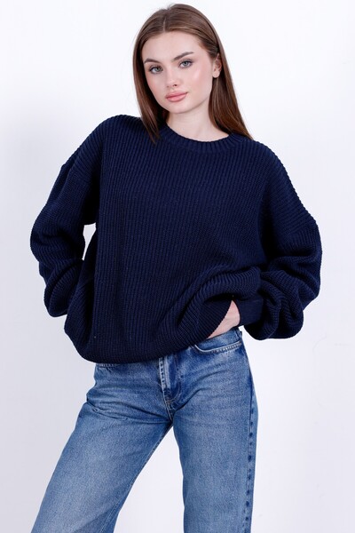 Kırlangıç Moda Navy Blue Oversized Crew Neck Women's Knitwear Sweater