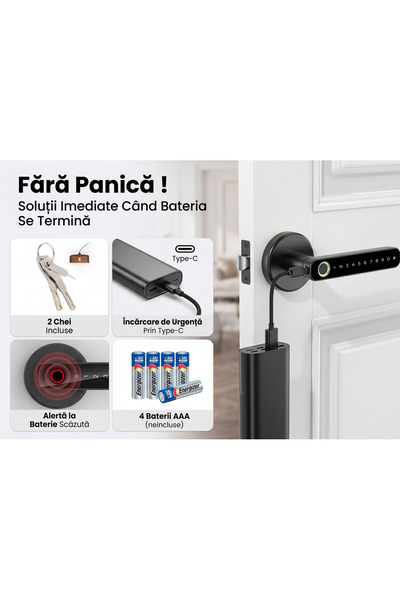 VETALUX Incuietoare Inteligenta Wireless Vetalux, 360°, 100 Amprente, 50 Parole, Auto-Lock, Alerta Baterie, Compatibila Usi 35–55mm, Inchidere Automata, 2 Chei, 2 Cartele, Yala Smart