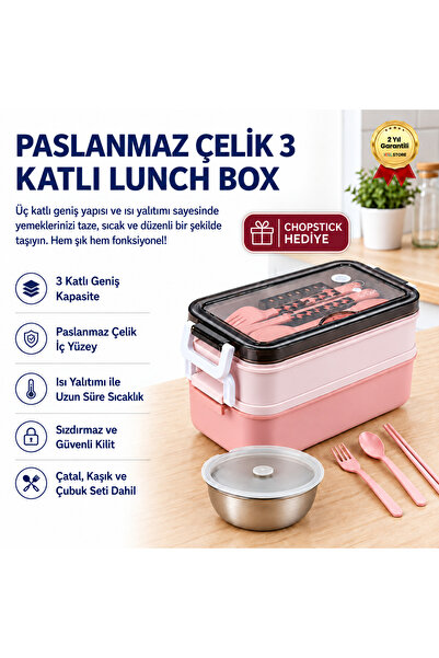 hızlı store Pembe Paslanmaz Çelik 3 Katlı Yemek Taşıma Kabı Isı Yalıtımlı Lun...