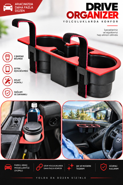 H&R PLASTİK Araç Içi Bardaklık (KIRMIZI RENK) Organizer Araba Bardak Tutucu K...