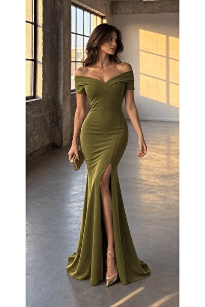 Modafeminen Crepe Fabric Short Sleeve Boat Neck Slit Detail Maxi Length Eveni...