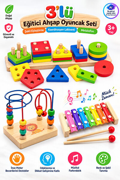 YILDIRIM OYUNCAK Eğitici Ahşap Ksilifon Ahşap Geometrik Şekilli Bultak Ve Ahş...