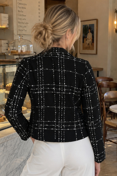 armonika Kadın Siyah Kruvaze Yaka Tüvit Crop Ceket ARM-24K001014