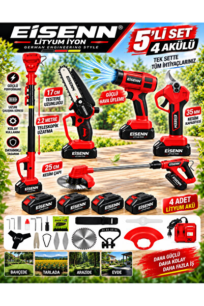EISEnn Red 500 Full 5 Li Bahçe Seti Makas 17 Cm Testere Hava Üfleme Çim Biçme...