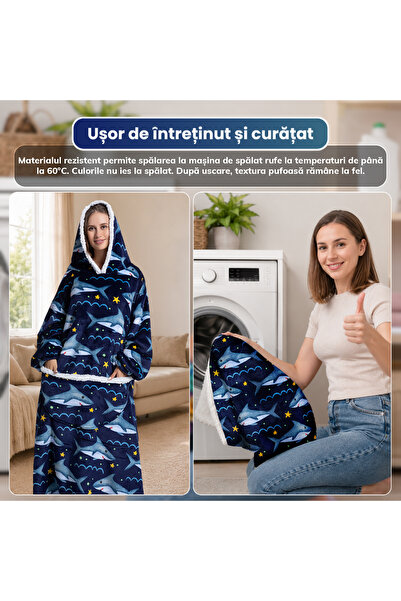 TillyBilly Patura hanorac extra lunga cu gluga, maneci si buzunare, masura unica, NAVY SHARK