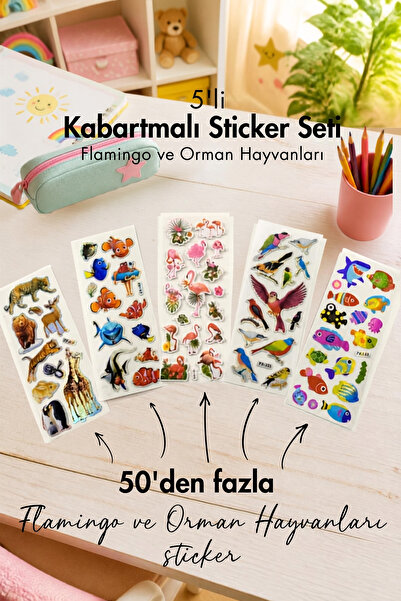 Bimotif 5li kabartmalı yapışkan sticker seti (13x7 cm), Orman Hayvanları, Fla...