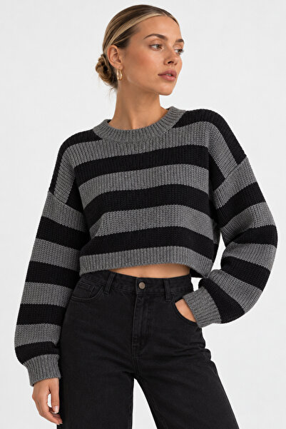 Abruzzo Μαύρο Γκρι Ριγέ Crew Neck Crop Γυναικείο Πλεκτό Πουλόβερ