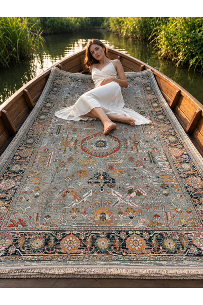 LUXESS HALI Vintage Etnik Desen Gri Taba Sarı Şönil Kilim Dokuma Makine Halıs...