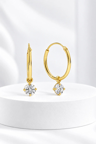 jelux silver Gümüş 925 Ayar 16 Mm Tek Zirkon Taşlı Halka Gold Küpe