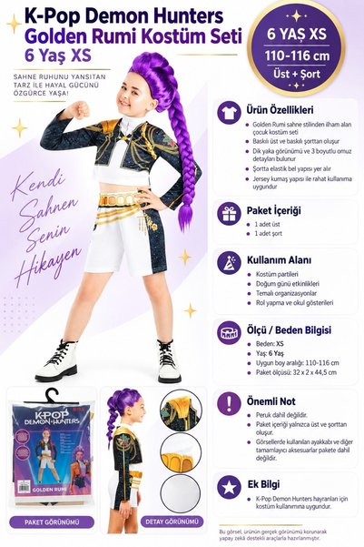 TOYFEST K-Pop Demon Hunters Golden Rumi Çocuk Kostüm Seti 6 Yaş XS 110-116 cm