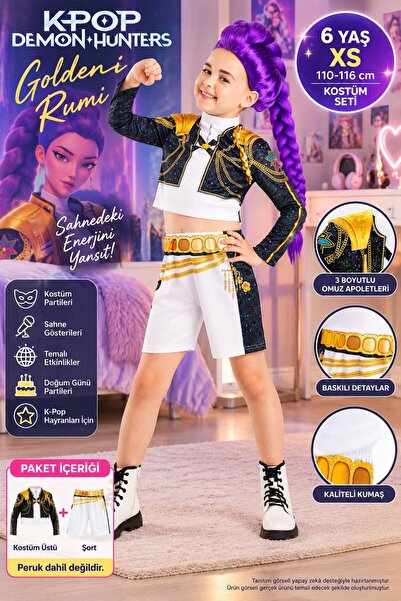 TOYFEST K-Pop Demon Hunters Golden Rumi Çocuk Kostüm Seti 6 Yaş XS 110-116 cm