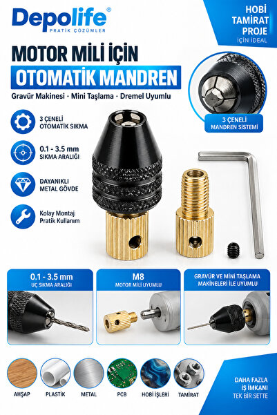 Depolife Motor Mili Için Otomatik Mandren 3.17mm Kaplin M8 Kısa Kuyruk Gravür...