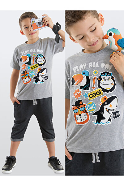 MSHB&G Cool Animals Siyah Erkek Çocuk Yazlık T-shirt Kapri Şort Takım