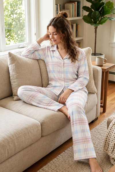 ELİTOL Pastel Plaid Patterned Buttoned Women's Pajama Set