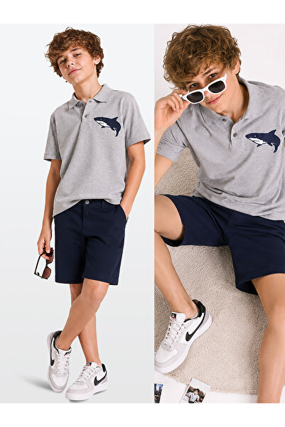 MSHB&G Shark Erkek Çocuk Yazlık Polo Yaka T-shirt Gabardin Şort Takım