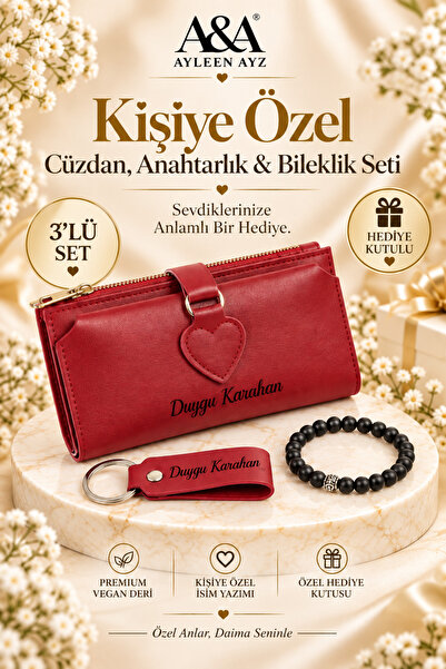 Ayleen Ayz Kişiye Özel İsim Baskılı Kırmızı Kadın Cüzdan Deri Anahtarlık ve O...