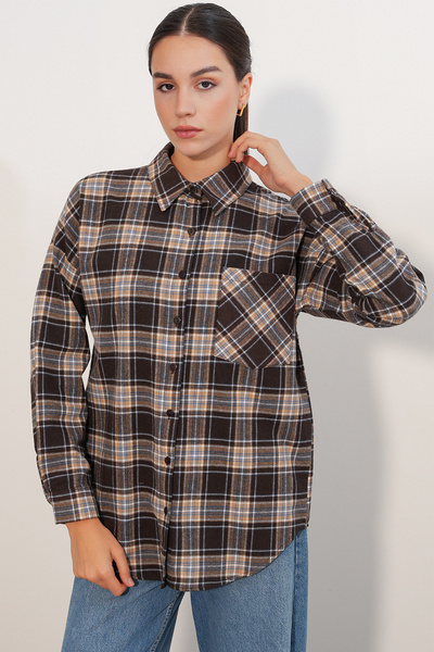 Bigdart Γυναικείο πουκάμισο με καρό σχέδιο oversized Ξυλοκόπος 3854 C. Καφέ