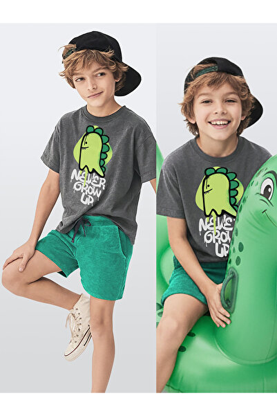 Denokids Erkek Çocuk Takım Dinozor Baskılı T-Shirt Havlu Şort İkili Takım Yaz...