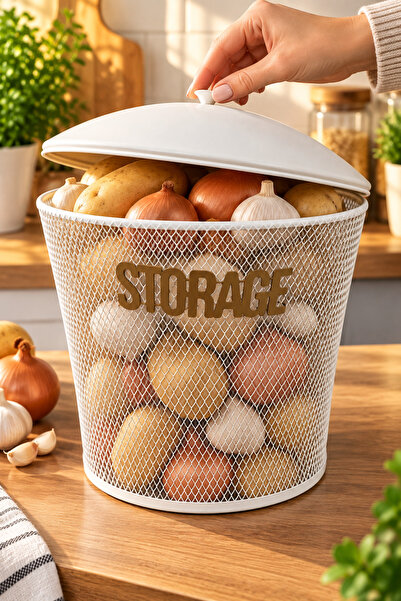 ANGDESİGN BODRUM Kapaklı Patates-Soğanlık BEYAZ -BÜYÜK Çok Amaçlı Metal Sepet STORAGE Yazılı Patates Soğan Sepeti Metal Meyvelik Sebzelik Saklama Kabı Mutfak Organizer Masaüstü & Tezgah Üstü Düzenleyici