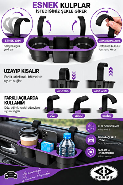 H&R PLASTİK Oto Araç Içi Bardaklık Düzenleyici (MOR RENK) Organizer Araba Telefon Tutucu MOR Renk (MAGAZADA 6 RENK SEÇENEGİ)