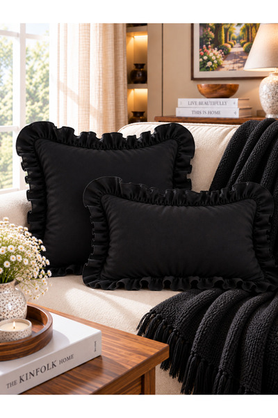 Decamor home İnci Vintage Velvet Textured Black Ruffled Throw Pillow Cover 1 Pc