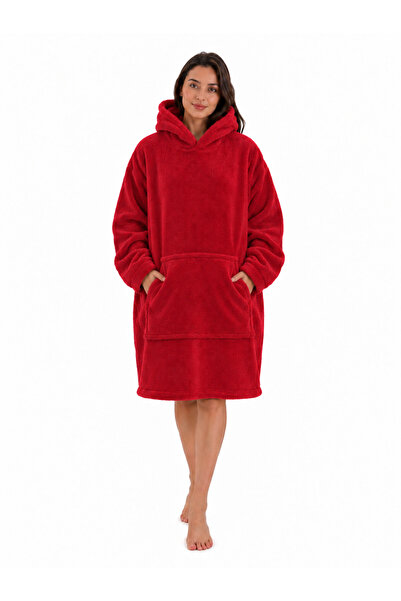 Mulberry Wellsoft Kapşonlu Giyilebilir Tv Battaniyesi Unisex Over Size - Kırmızı