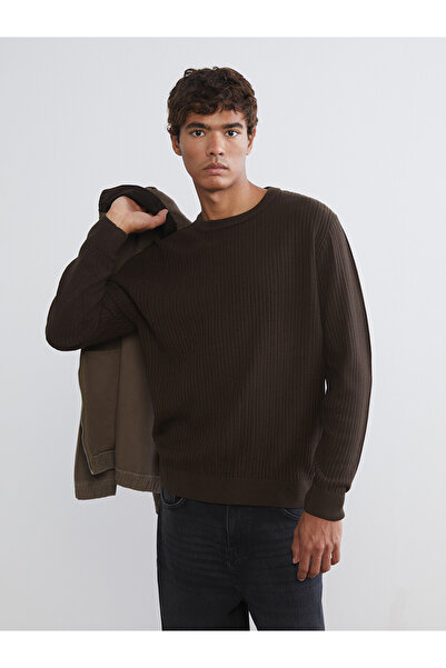 LC Waikiki Nevavm Farkıyla Xside Brown Knitwear Flat Oval Collar Men's Sweater