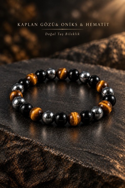 Deus Collection Doğal Taş Bileklik Kaplangözü Hematit Oniks 8 mm Unisex Erkek...
