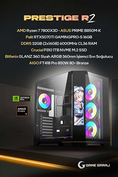 Game Garaj Prestige R2 AMD R7 7800X3D RTX5070Ti 32GB RAM 1TB SSD 360mm Sıvı S...